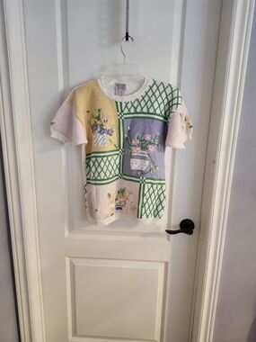 Vintage Pastel Floral Patchwork Short-Sleeve Sweater - Pastel Multi